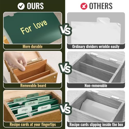 Wooden Recipe Box Set with 50 Cards and 12 Dividers, Solid Pine | Holds 300+ 3x5 and 4x6 recipe cards; 2 removable wood dividers organize recipes for cooking, family keepsakes and gifting - color: Walnut Brown