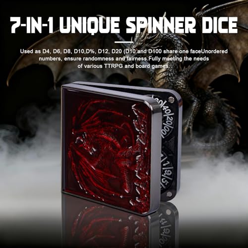 7-in-1 DND Pocket Spinner Dice Set, Foldable Flip Dice with Delicate Dragon Iron Box, Compact Dice Set for DND Role-Playing Games Fans (Red) - color: Red