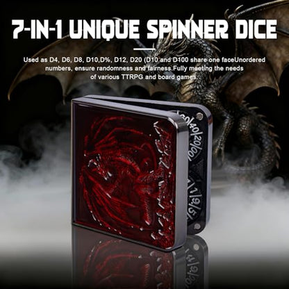 7-in-1 DND Pocket Spinner Dice Set, Foldable Flip Dice with Delicate Dragon Iron Box, Compact Dice Set for DND Role-Playing Games Fans (Red) - color: Red