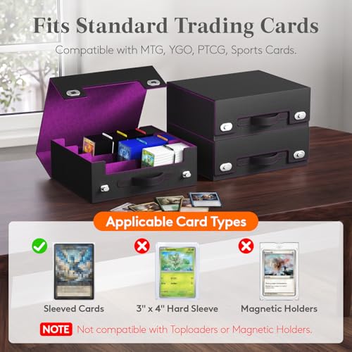 Lifewit Trading Card Storage Box with Handle, Holds Up to 1800 Sleeved Cards with 12 Adujstable Dividers & 4 Stoppers, Aluminum Closure PU Leather Case for MTG, PTCG, YGO, Sports Cards, Black& Purple - color: Black&Purple