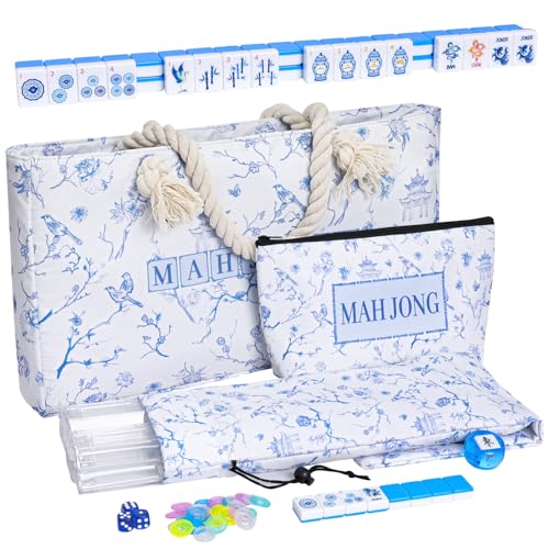 TIASUSAN American Mahjong Tile Set with160 Engraved Mahjong Tiles(1.2", Light Blue), Mahjong Bag, Racks and Accessories. - style: Blue (With Racks)
