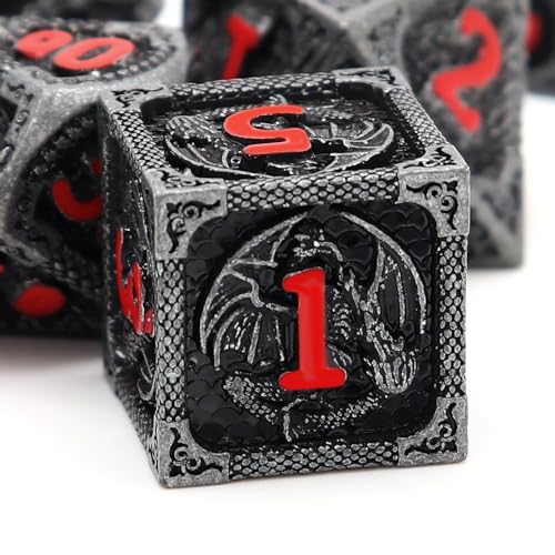 Haxtec Metal DND Dice Set, 7 Pcs Dragon Pattern Polyhedral Dice for RPG | Red Numbers D&D with Leather Bag, Compatible with Dungeons and Dragons, Matte Black Heavy Metallic, Gifts for Table Games - color: Matt Black Red