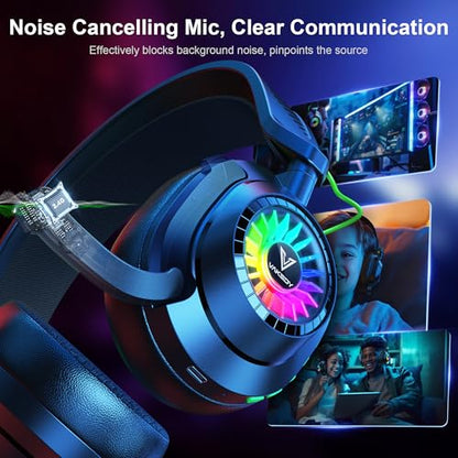 Vakedy Wireless Gaming Headset with Mic for PS5, PS4, PC, Switch, Mac, 2.4GHz & BT Gaming Headphones, 50H Battery, 24ms Low Latency for Fortnite & Call of Duty/FPS Gamers, RGB Lights, Black | 2.4GHz & BT Gaming Headphones, 50H Battery and Noise Canceling