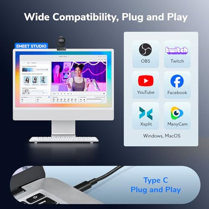 EMEET Piko 4K Webcam for Streaming, World’s 1st Dual-Camera AI-Powered 4K Camera w/AI Autofocus - style: Piko w/ 3 Mics 3 Sound Modes