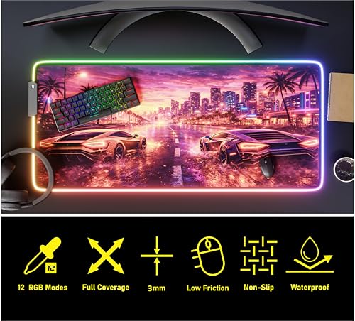 RGB Gaming Mouse Pad Large Extended Desk Mat 35.4x15.7in XXL XXXL Mousepad LED Light Up Keyboard Mat PC Gamer Desk Pad Gaming Accessories Extra Big Mouse Mats for Desk - Sunway Velocity - color: Sunset Velocity