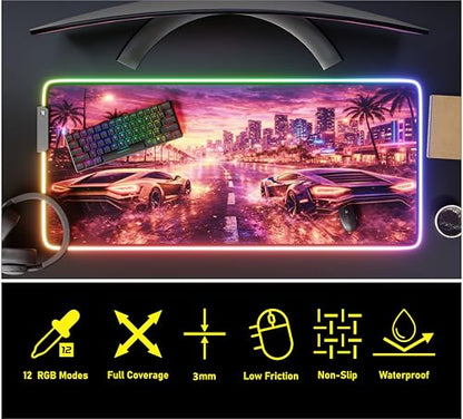RGB Gaming Mouse Pad Large Extended Desk Mat 35.4x15.7in XXL XXXL Mousepad LED Light Up Keyboard Mat PC Gamer Desk Pad Gaming Accessories Extra Big Mouse Mats for Desk - Sunway Velocity - color: Sunset Velocity