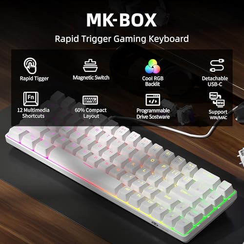 MageGee 60% Rapid Trigger Gaming Keyboard, Hall Effect Magnetic Switch, Actuation Point Adjustable, Hot Swappable RGB Backlit Wired Keyboard with Arrow Keys for Win/PC/MAC, White - color: White