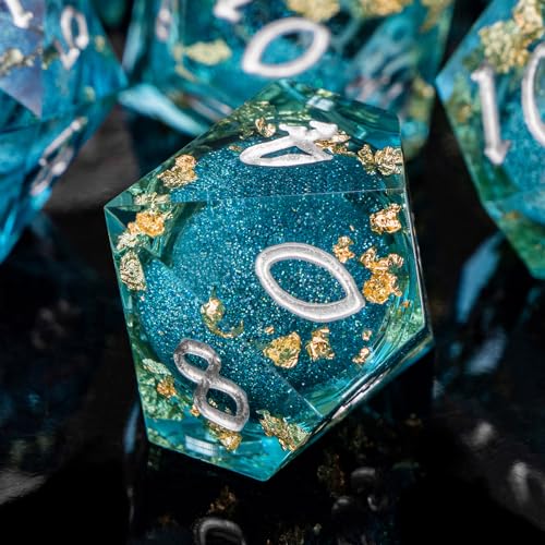 ARUOHHA Liquid Core DND Dice Set, 7pcs Resin Sharp Edged Dragons Dice RPG Role Playing Games, Silver Numbers Blue Dungeons Polyhedral Dice with Gift Box D20 D12 D10 D8 D6 D4 - color: Silver Blue