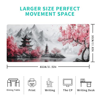 Retro Cherry Blossoms Mouse Pad 31.5x11.8 Inch White Full Desk Japanese Mousepad Extended Large Non-Slip Rubber Base Waterproof Big Keyboard Mat with Stitched Edges for Gaming and Office - color: Retro Cherry Blossoms