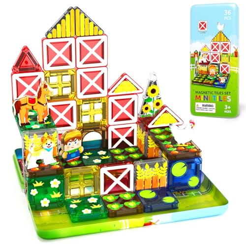 ORZbb Mini Magnetic Tiles Farm Animal Toys Toddler Travel Essentials Set with Case, Kids Magnetic Blocks Montessori Education Learning Sensory Preschool Toys for 3+ Year Old Boys Girls Gifts - color: Color-19
