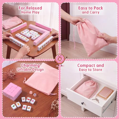 Capoda 2 Players Mahjong Block Set with 65 Tiles Pink Melamine Tiles Velvet Drawstring Bag and 2 Acrylic Dice Portable Mahjong Tile Game Ocean Animals and Food Pattern for Summer Travel Family Game - style: Animal and Food