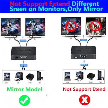 HDMI Splitter 1 in 2 Out【with 1HDMI Cable + 1USB Cable+1Power Adapter 】 1×2 Power HDMI Splitter/Distributor 2 Ports for Dual Monitors Copy/Mirror Support 4K@30Hz 1080P Full HD 3D LED HD TV PS3/4 etc - size: HDMI Splitter 1×2 4K@30HZ