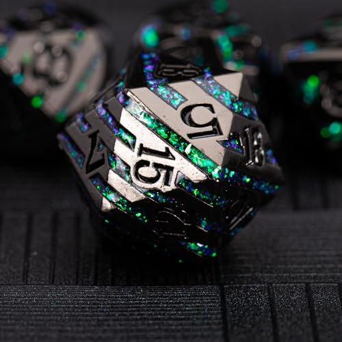 Metal Dice Set with Inlay Design, Heavy Zinc Alloy DND Dice for RPG & Tabletop Gaming - color: Black Nickel Dark Green