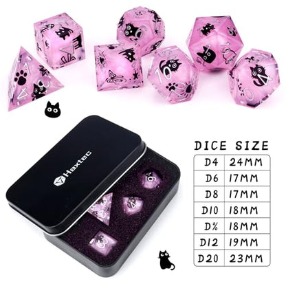 Haxtec Cat DND Dice Set Purple Sharp Edge Resin Dice Set with Dice Case, Handmade D and D Dice Polyhedral D&D Dice Set for TTRPGs Compatible with Dungeons and Dragons DND Gifts - color: Purple Black