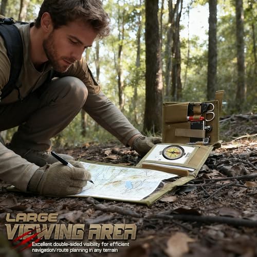 Military Map Case & Tactical Map Pouch with MOLLE, Waterproof TPU Holder | 13"x10" Clear Viewing Area, Foldable Design, 1000D Oxford, Land Navigation Kit for Hiking & Patrol - color: Khaki