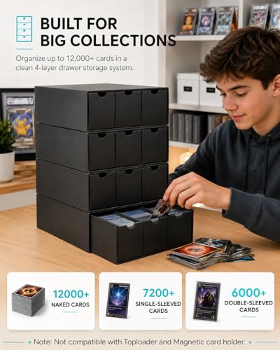 12 Drawer Trading Card Standard Storage Box with 50 Card Dividers (Black) | Cardboard Trading Card Organizer for Collectible Cards Games,Card Box Fits For TCG,MTG,TCG