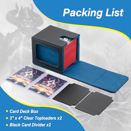 MTG Deck Box, Double Display Window MTG, Commander Deck Box Fits 120+ Single Sleeved Cards, PU Leather Magnetic Closure Card Box with 2 Dividers&2 Toploaders for TCG, CCG, Black/Blue - color: Black/Blue, size: 1 pack