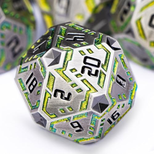 Metal DND Sci-fi Dice Set 7PCS Stripe Polyhedral Dice for Dungeons Dragons RPG Role Playing Game, Glitter D and D Dice with Gift Box D6 D8 D10 D12 D20 (Grey&Green Yellow) - color: Silver Gray - Yellow Green
