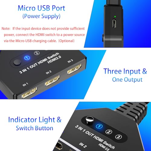 HDMI 스위치 3 in 1 출력, 4K@60hz HDMI 스플리터, 3방향 HDMI 스위치, 풀 HDCP2.2 1080P 3D 지원, Roku Fire TV 스틱 HDTV PS4/PS5 Xbox One 크롬캐스트와 호환, 맥/윈도우/리눅스와 호환