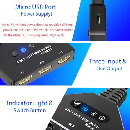 HDMI 스위치 3 in 1 출력, 4K@60hz HDMI 스플리터, 3방향 HDMI 스위치, 풀 HDCP2.2 1080P 3D 지원, Roku Fire TV 스틱 HDTV PS4/PS5 Xbox One 크롬캐스트와 호환, 맥/윈도우/리눅스와 호환