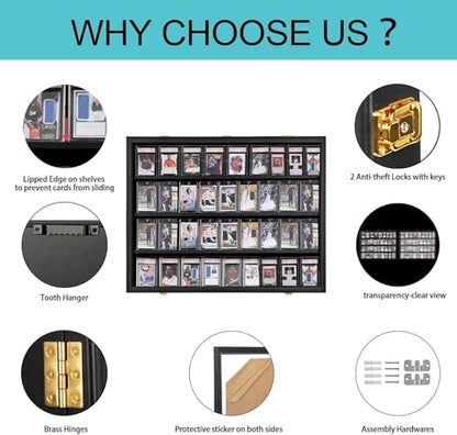 VERANI 36 Graded Sports Baseball Card Display Case Wall Mount Black | Lockable Trading Card Wall Cabinet,98% UV Block Acrylic Panel,Premium Wood Frame,Vertical Wall Mount Only - size: Large-Horizontal-Black-GoldLock