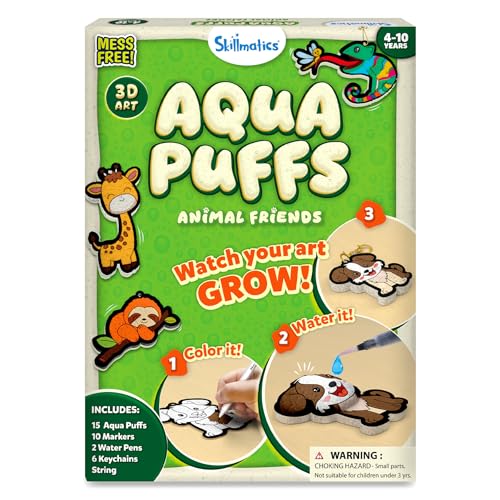 Skillmatics Aqua Puffs - 3D Art Kit, Animals, Mess-Free Paint by Number Craft for Kids, DIY Color Activity, Screen-Free Entertainment, Travel & Creative Gift for Girls & Boys Ages 4, 5, 6, 7, 8, 9, 10 - color: Animals