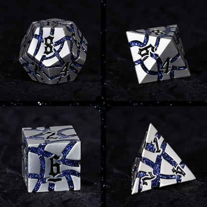 Cracked Rune Metal Dice Set for DND & RPG – Dark Fantasy Fractured Design, Premium Heavy Metal Polyhedral Dice with Deep Engraved Numbers, 7-Piece Set – Purple Arcane Vein - color: Pearl Silver Purple