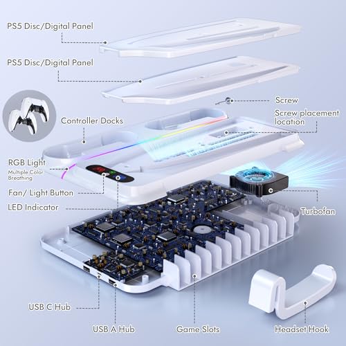 heclynis PS5 Cooling Stand for PS5/Slim/Pro, Dual Charger, RGB | Sturdy stand for PS5/Slim/Pro cools console, charges 2 controllers, stores 12 games and adds RGB lighting