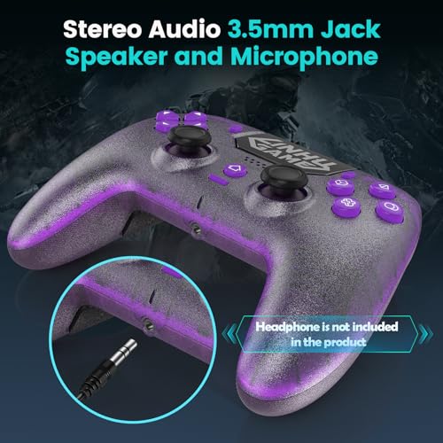 Linhugame Wireless Controller for PS5/Pro/Slim/PC, with Transparent Shell/RGB Tape Light/Hall Effect Joyticks and Trigger/Macro/Turbo/3.5mm Audio Jack/Speaker and Mic/1500 mAh Large Battery Gamepad（purple）