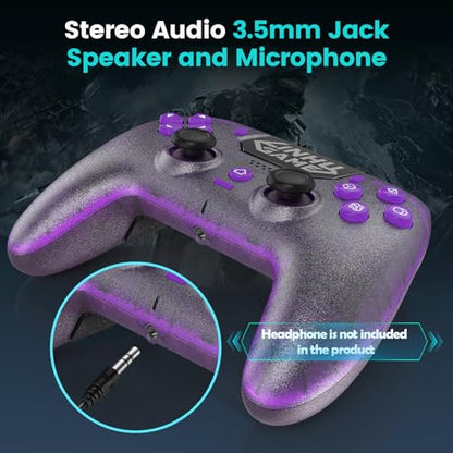 Linhugame Wireless Controller for PS5/Pro/Slim/PC, with Transparent Shell/RGB Tape Light/Hall Effect Joyticks and Trigger/Macro/Turbo/3.5mm Audio Jack/Speaker and Mic/1500 mAh Large Battery Gamepad（purple）