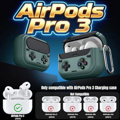 Getino Retro Game Case for AirPods Pro 3 | Game Console Design Protective Cover with Foldable Stand, Secure Lock Anti-Drop Shockproof PC+TPU Case, Keychain & Cleaning Kit for Men & Boys, Pine Green - color: Pine Green