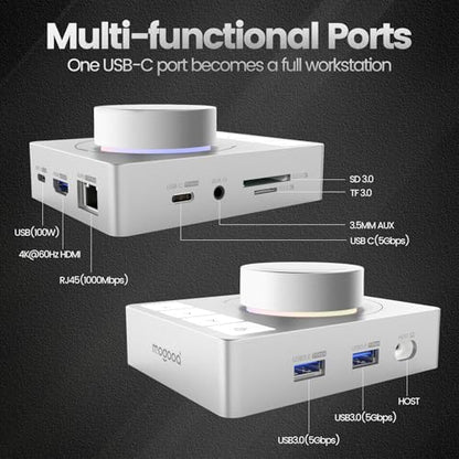 MOGOOD Knob USB C Hub 9-in-1 Docking Station, 1 Pack | Volume control RGB Light 4K@60Hz HDMI Adapter, 100W PD Charging, 5Gbps USB 3.0 Data Transfer, SD/TF 3.0 Card Reader，Highy ABS