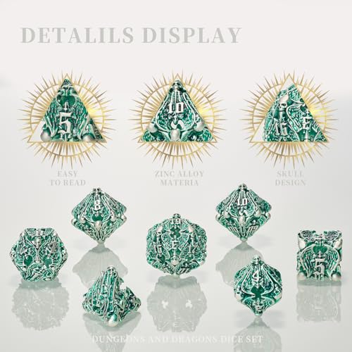 DND Dice,HNCCESG Hollow Metal Set 7 Pcs for Dungeons and Dragon,D and D GIFS of Tabletop Game (Matte Green White Skull) - color: Matte Green White Ts