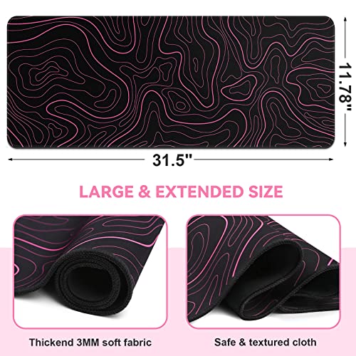 DIGSOM Gaming Mouse Pad, Black with Red Topographic Line, 31.5x11.8in | XL Mouse mat, Smooth surface, Anti-slip rubber base, For keyboard and mouse, For home and office use - color: Red Topographic