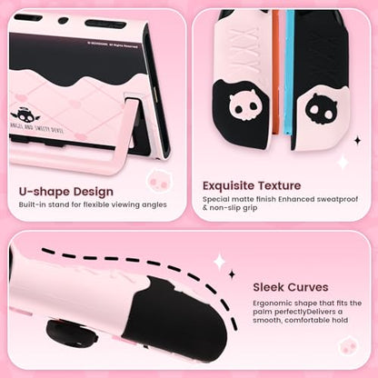 Geekshare Protective Case Set Compatible with switch 2, PC Back Plate with Silicone Joysticks Covers, Includes 2 Thumb Grips, Waterproof Protection - Sweetheart Skull (Black & Pink) - size: for Switch 2