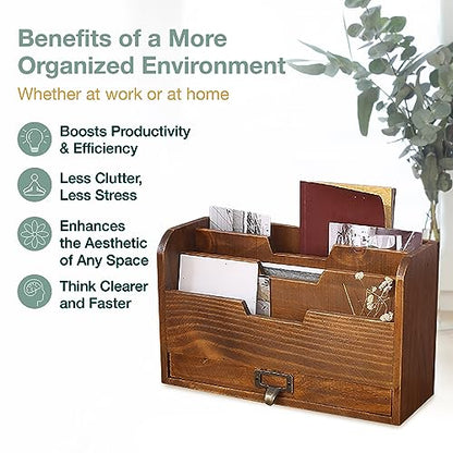 Rustic Wooden Desk Organizer - Vertical File Sorter with 3 Compartments & 1 Paper Tray Drawer - Mahogany Wood