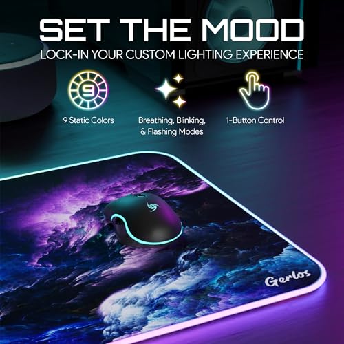 Gerlos RGB Gaming Mouse Pad, Large LED Desk Mat, 31.5 x 11.8 Inch | 12 light modes, non-slip base, water-resistant surface, stitched edges - color: Blue