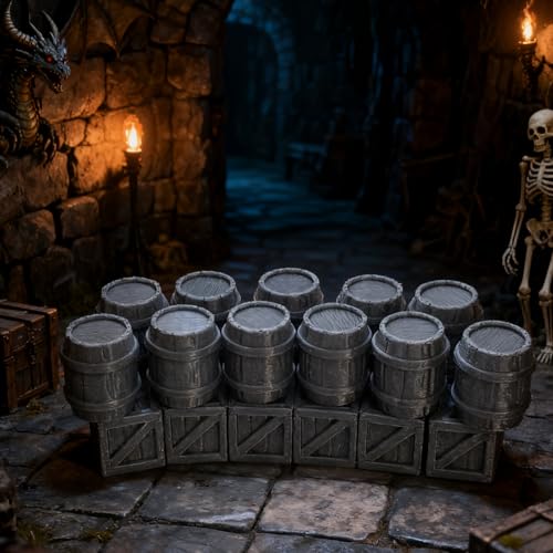 Crates and Barrels DND Terrain Compatible DND Terrain for 25mm Dungeons and Dragons, D&D,40k, RPG, 25mm MiniaturesTabletop RPGs, Wargame Scenery(12PCS Crates+11PCS Barrels)