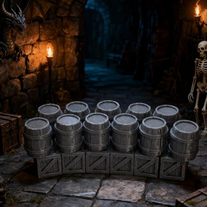 Crates and Barrels DND Terrain Compatible DND Terrain for 25mm Dungeons and Dragons, D&D,40k, RPG, 25mm MiniaturesTabletop RPGs, Wargame Scenery(12PCS Crates+11PCS Barrels)