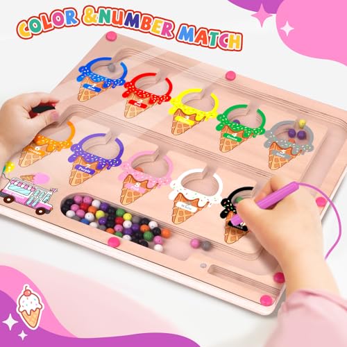 wakeInsa Magnetic Color and Number Maze,Montessori Toy for 2-5 Years Old Girls,Wooden Magnet Balls Puzzles,Toddler Busy Board Game,Preschool Learning Activities,Christmas & Birthday Gift for Kids - style: Magnet Toys - Ice Cream