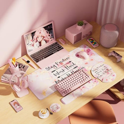 Large Mouse Pad and Keyboard Wrist Rest + Desk Mat Set,Full Long Mouse Pads for Desk Accessories with Memory Foam Gel Pink Mousepad for Women Computer Desktop Office Work-Pink & Black Slogan | Ergonomic,Pain Relief, 4-in-1 Large Big Mousepad Computer Mats