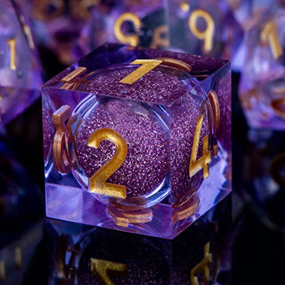 ARUOHHA DND Liquid Core Dice, 7pcs Resin Sharp Edged Dice Set RPG Translucent Polyhedral D and D Dice, Role Playing Dice Set D20 D12 D10 D8 D6 D4 with Gift Box - color: Purple Gold