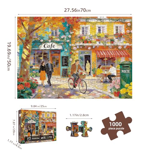 Romantic Cafe Puzzles for Adults 1000 Pieces,27.6x19.7in | Challenging Street Scene Jigsaw Puzzle,No Dust,Recycled Paper,Letters on Back,Stress Relief Gift for Family Games - color: Romantic Cafe