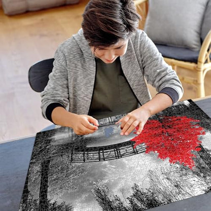 najiaxiaowu Adult Puzzle Classic Jigsaw Puzzle 1000 Pieces Wooden Puzzle DIY Black and White Bridge and Red Tree Modern Home Decor Intellectual Game Wall Art Unique Gift 75x50cm
