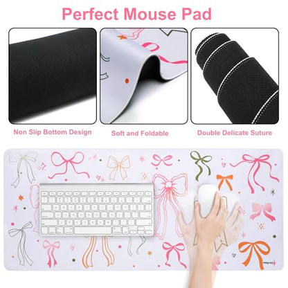 MEGREZ 4-in-1 Mouse Pad with Wrist Rest Ergonomic Memory Foam Desk Mat Set | ergonomic, anti-slip base, 4pcs set, desk pad, mouse wrist rest, keyboard rest, coaster, ideal for office & gaming - color: Bow
