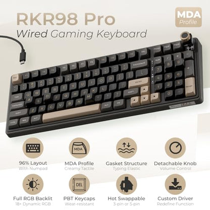 RK ROYAL KLUDGE R98 Pro Wired Mechanical Keyboard, 96% Creamy Gaming Keyboard RGB Backlit with Number Pad and Volume Knob, Gasket Mount, MDA Profile PBT Keycaps, Hot Swappable Pre-lubed Linear Switch - color: Black, size: Hot Swappable Cream Switch