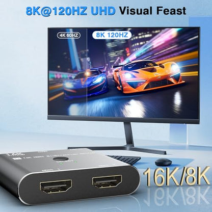 HDMI 2.1 Switch 8K/16K, 2 in 1 Out HDMI Splitter Selector 4K@240Hz 16K@30Hz/8K@60Hz Support DTS VRR HDR10+ Dolby, 48Gbps for Switch, PS5/4, Xbox, Roku, Firestick, TV etc.