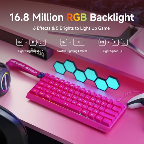 SEUNKWANG F61 60% Gaming Keyboard Wired, RGB Backlit Membrane Keyboard with PBT Keycaps, Compact Design, Lanyard Wired Keyboard for Mac/Win (Red, Wired) - color: Red
