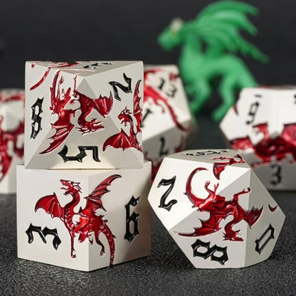 Dungeons and Dragons Dice D&D Metallic Dragon Sharp Edged Dice Set with Box, Polyhedral DND Role Playing Game D and D Dice Set D20 D12 D10 D8 D6 D4 - color: Dragon-pearl Silver Transparent Red