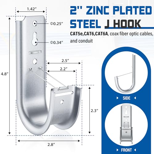 48 Pack 2-Inch Galvanized Steel Cable Support J-Hook with Retainer Clips - 48 Pack - Efficient Cable Management & Organization Solution | Efficient Cable Management & Organization Solution, for Data Centers, Conduit, Cable, Coaxial & Fiber Optic Wires